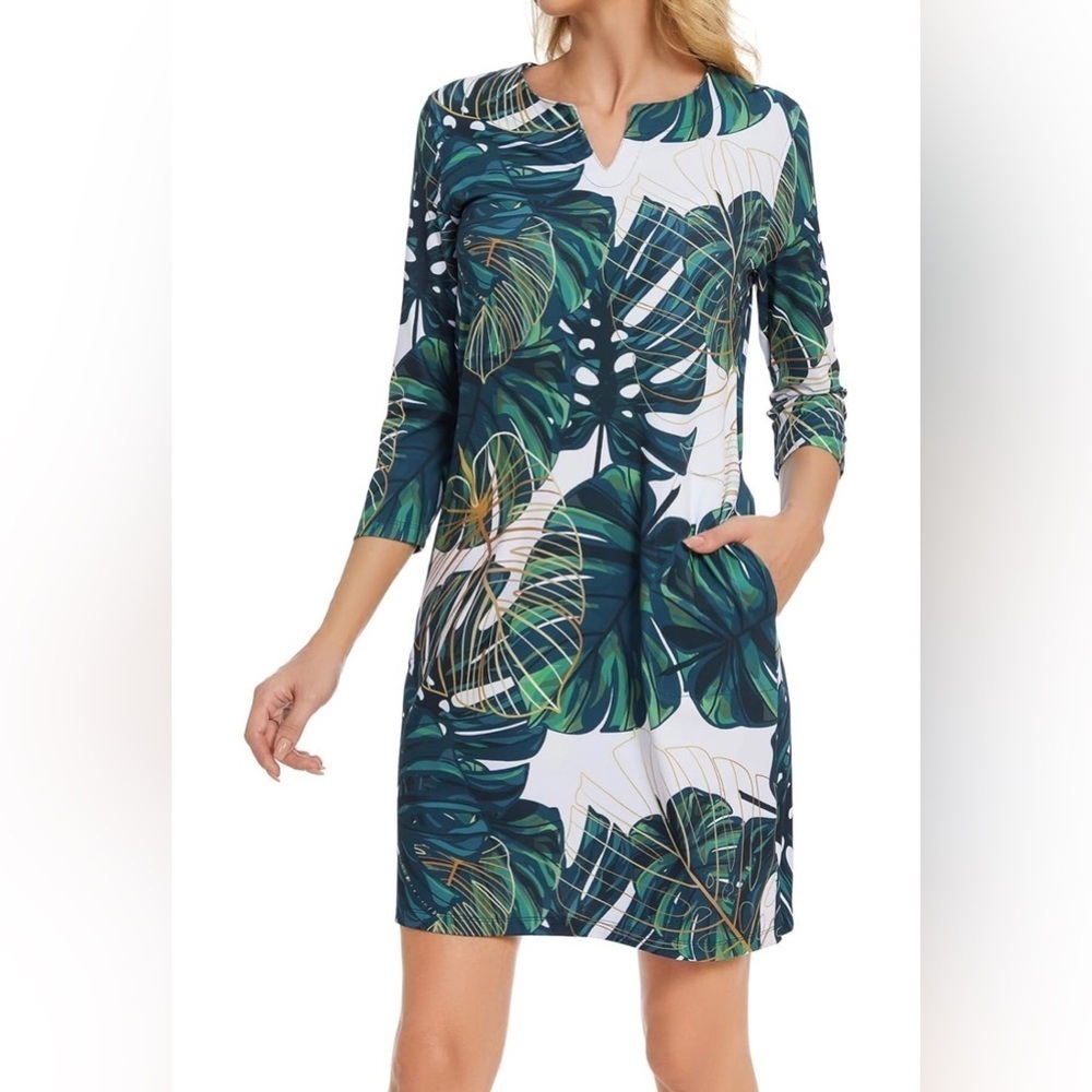 Lightbare Women’s 3/4 Sleeve Casual Dress Size S Green Tropical Coastal UPF 50
